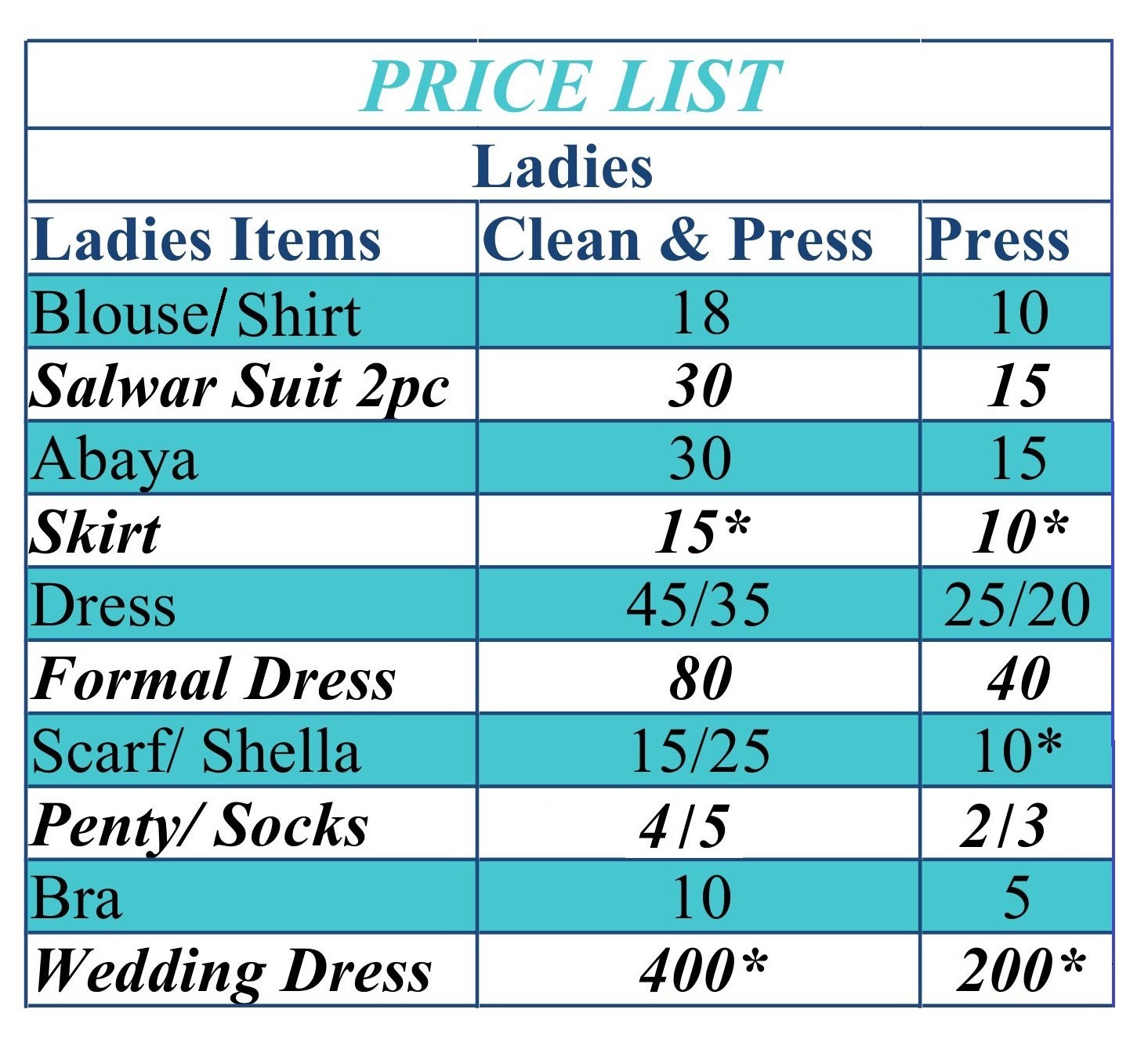 Price list - Ladies