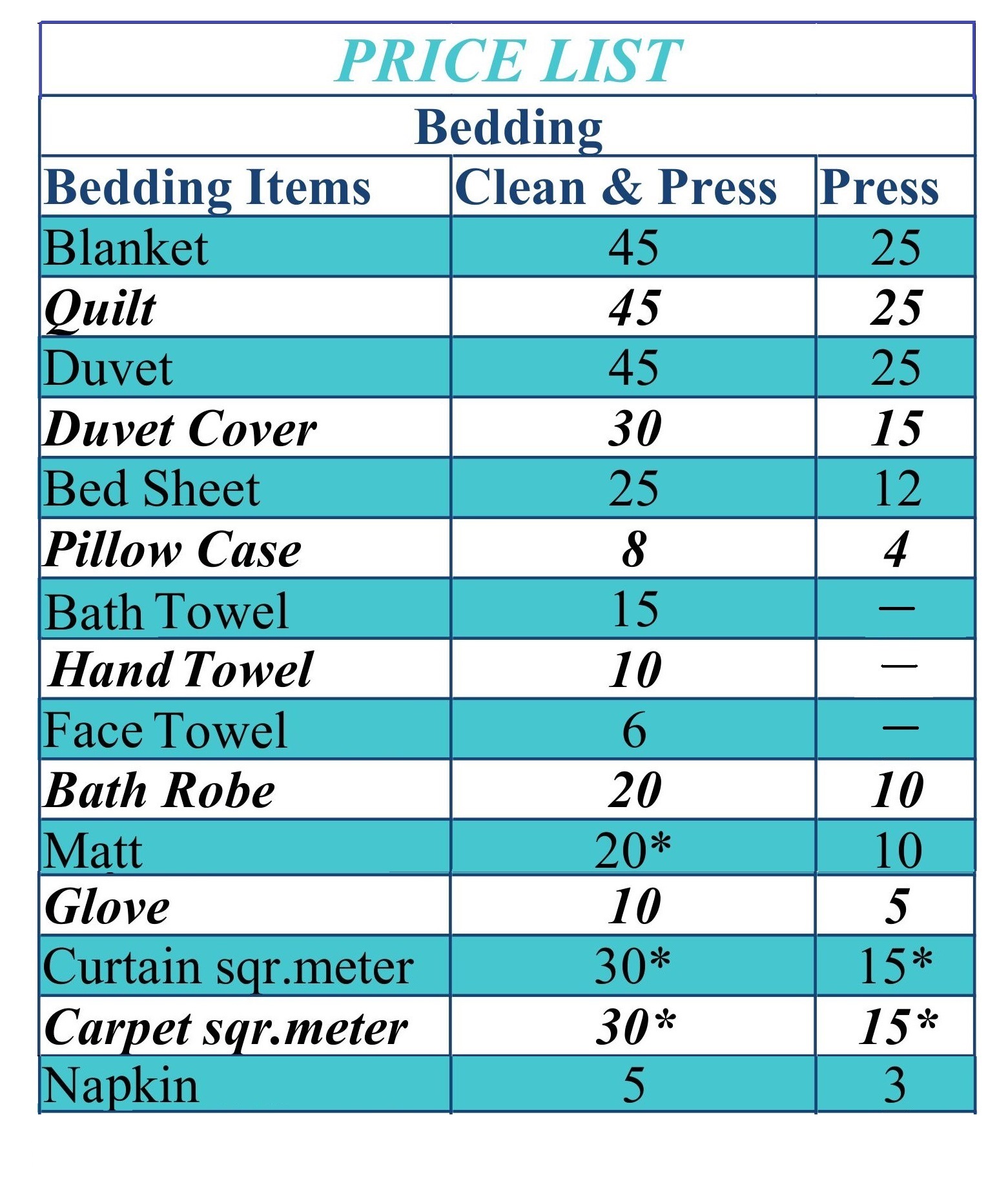 Price List - Bedding