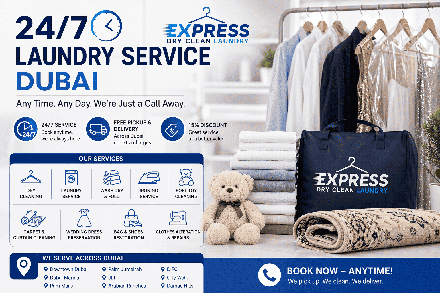 24/7 Laundry Service Dubai offering express pickup and delivery with professional washing and dry cleaning