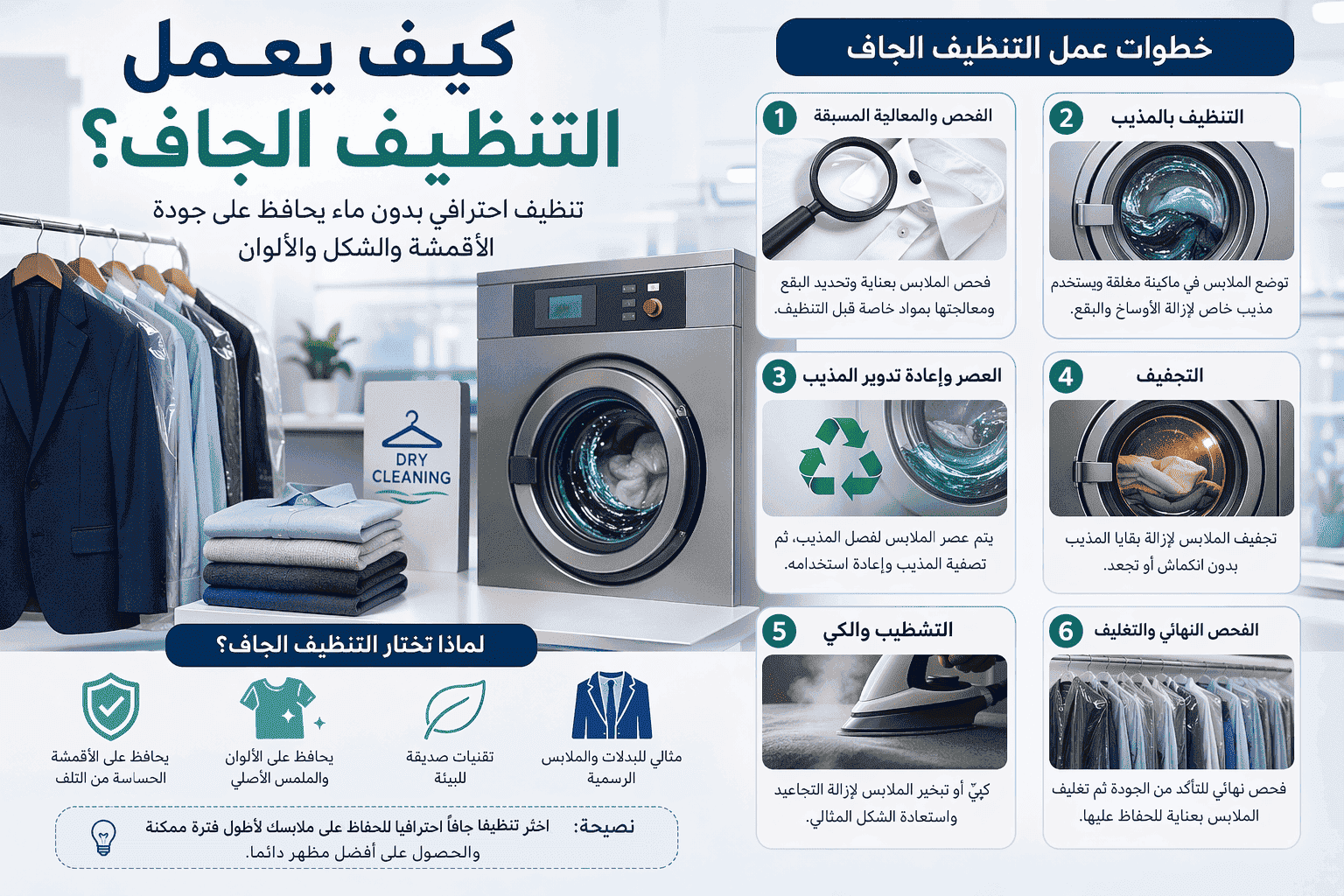 كيف يعمل التنظيف الجاف؟ شرح عملية التنظيف الجاف للملابس بدون ماء