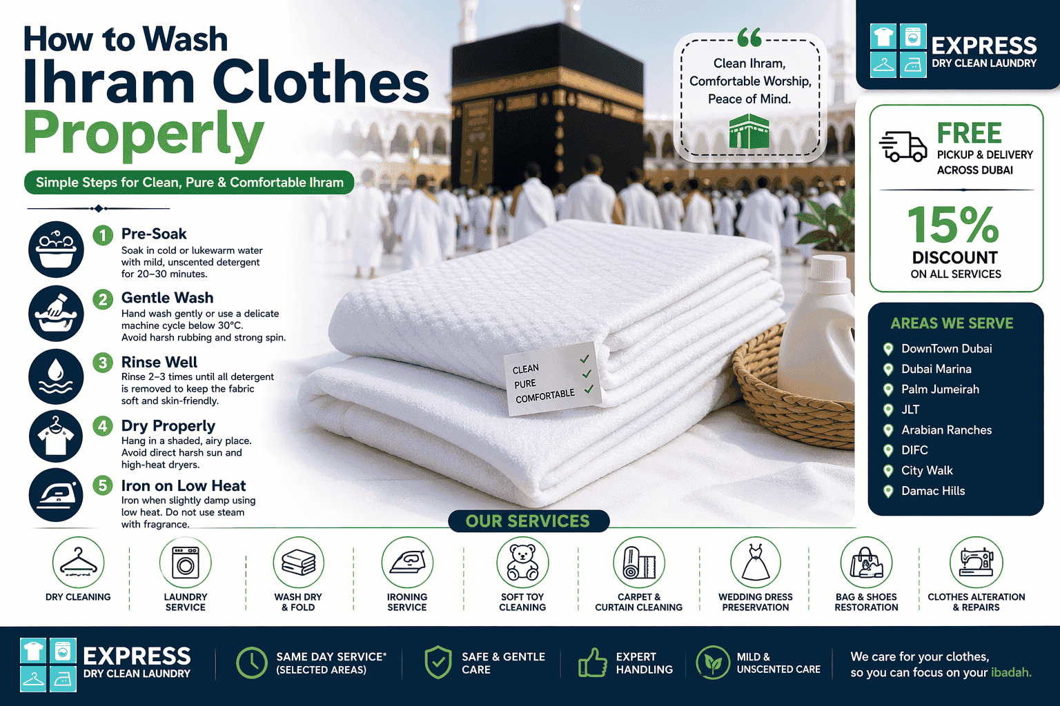 How to wash Ihram clothes properly using mild soap and clean water during Hajj