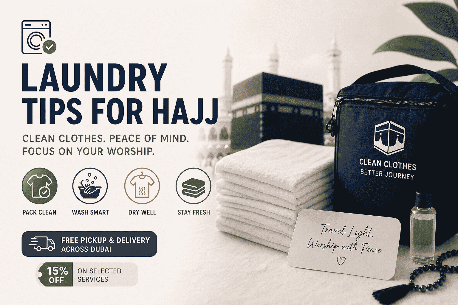 Laundry Tips for Hajj guide showing step-by-step clothing care, washing, drying, and packing tips for pilgrims