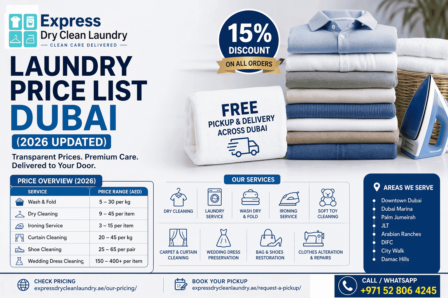 Laundry Price List Dubai showing updated 2026 laundry and dry cleaning prices with free pickup and delivery
