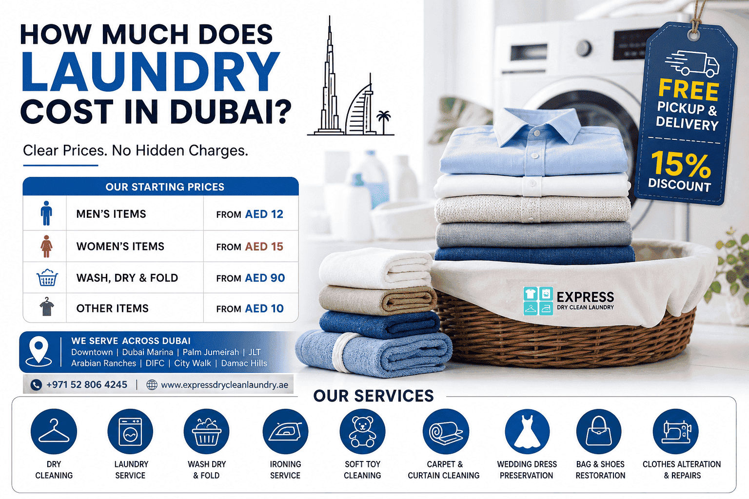 How Much Does Laundry Cost in Dubai? Guide showing laundry prices for washing, ironing, and dry cleaning services in Dubai