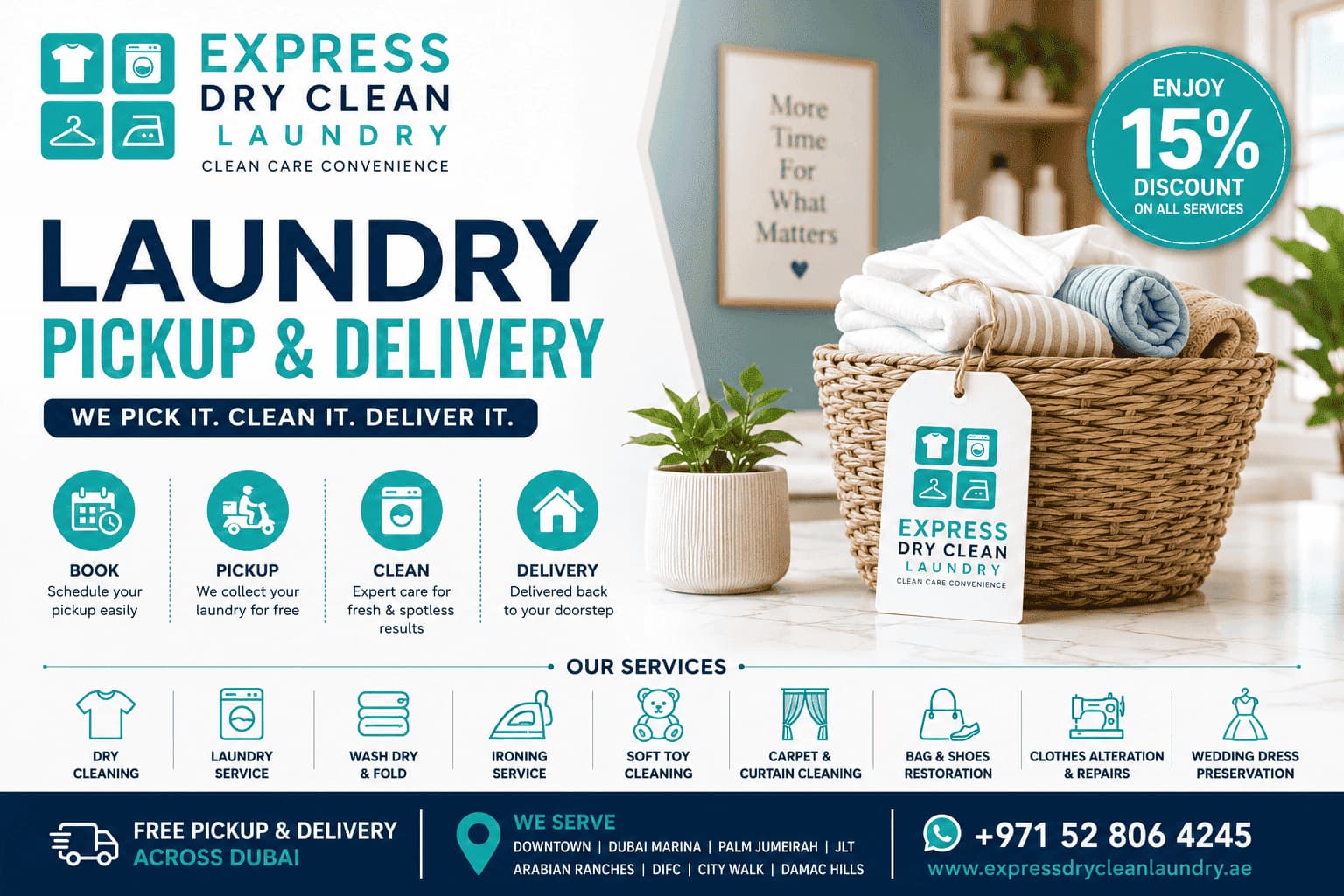 Laundry pickup and delivery in Dubai by Express Dry Clean Laundry with free pickup, fast delivery, and 15% discount across Dubai