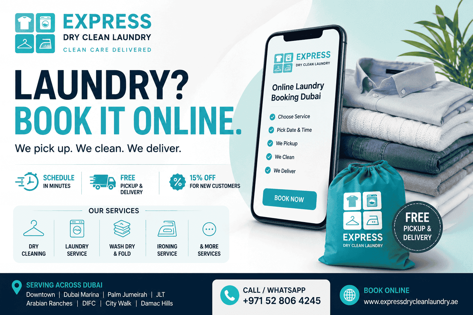 Online Laundry Booking Dubai with free pickup and delivery service by Express Dry Clean Laundry across Dubai