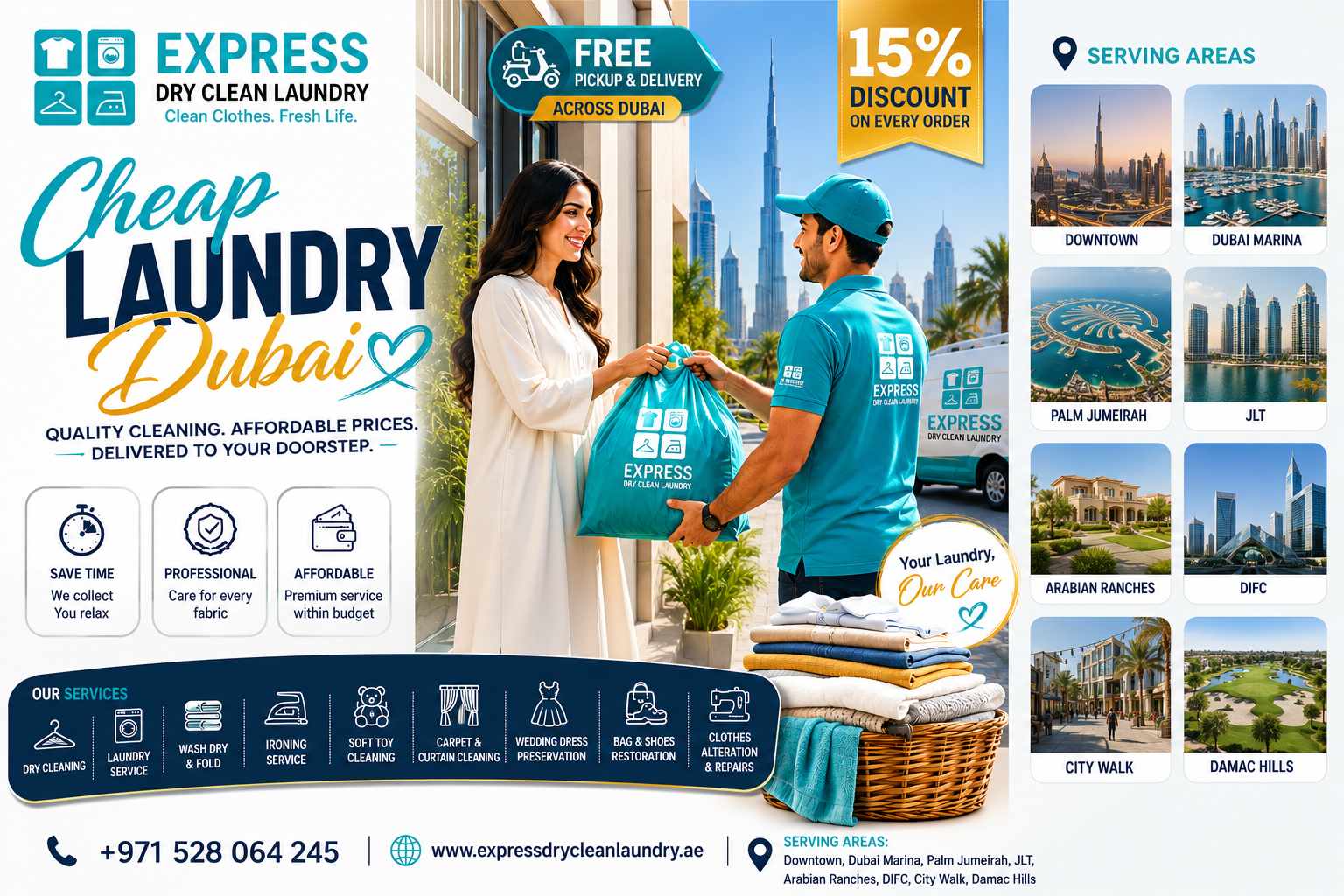 Cheap Laundry Dubai service with free pickup and delivery by Express Dry Clean Laundry in Downtown Dubai, Dubai Marina, Palm Jumeirah, JLT, and other areas.