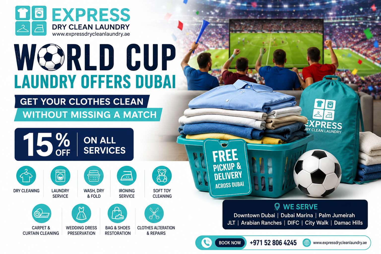 World Cup Laundry Offers Dubai by Express Dry Clean Laundry with 15% discount and free pickup and delivery across Dubai